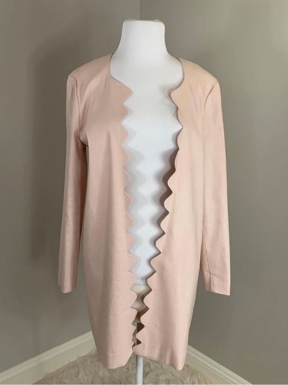 Linen Longline Scalloped Open Front Cardigan Jacket - Blush Pink